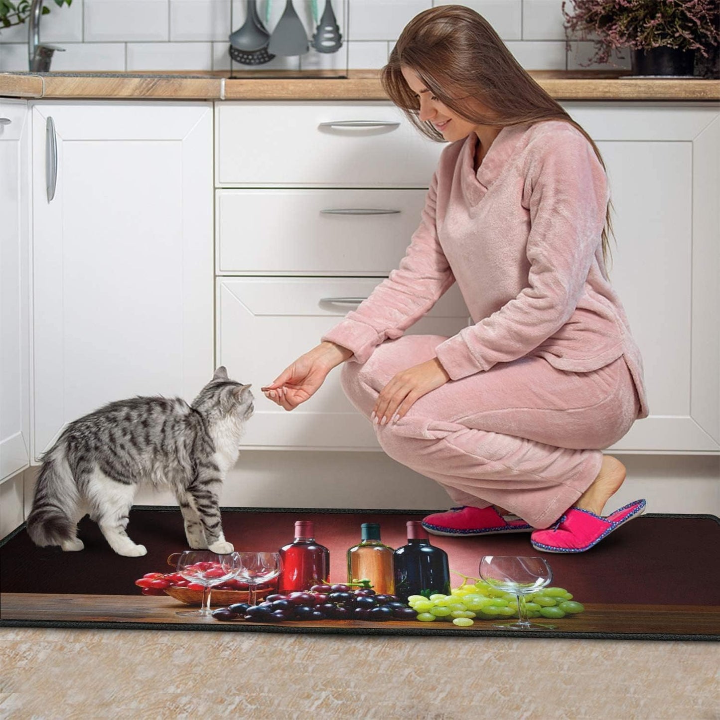 2 Piece Wine Kitchen Rug Set, 3D Wine Glasses Kitchen Rugs and Mats Non Skid Washable Absorbent Microfiber Kitchen Floor Decor Mat 17"x 47"+17"x 30"