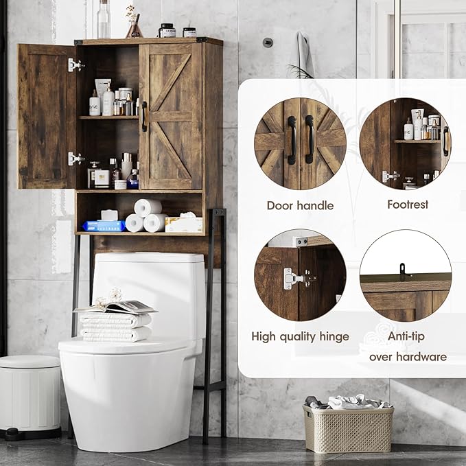 Over The Toilet Storage Cabinet with 2-Door Design Bathroom Organizers and Storage with Anti-Tip Device Over Toilet Organizer with Shelves for Bathroom,Restroom,Laundry Brown