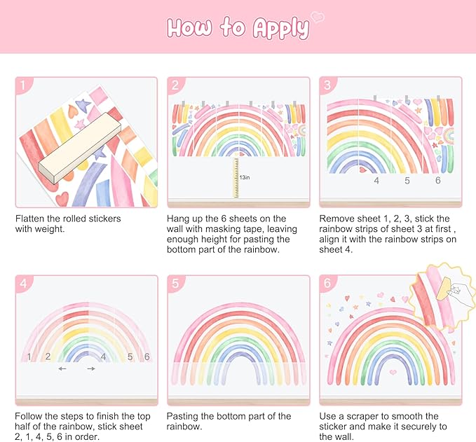 77" x 47" Large Rainbow Wall Decals Stickers for Girls Nursery Peel and Stick Watercolor Rainbow Hearts Stars Vinyl Wall Mural Art for Kids Toddlers Bedroom Playroom Classroom