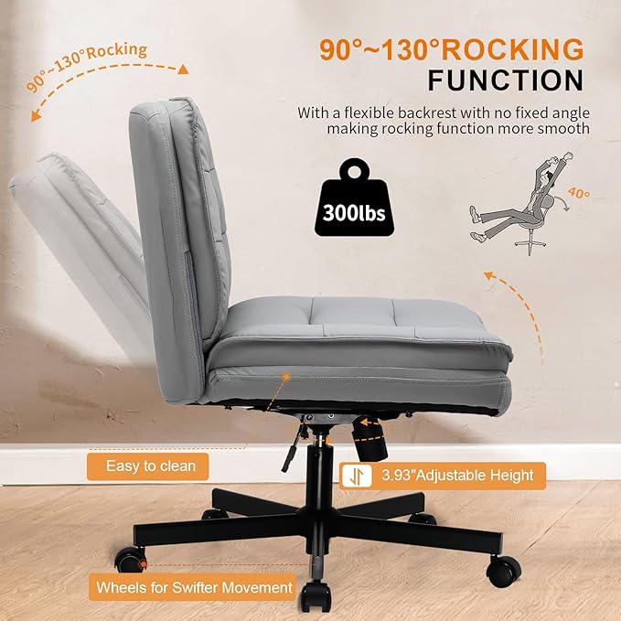 COMHOMA Cross Legged Office Chair with Wheels Armless Office Desk Chair, Modern Vanity Computer Task Chairs for Home Bedroom, Comfortable Wide Seat for Lower Back Pain Relief, PU Leahter, Gray