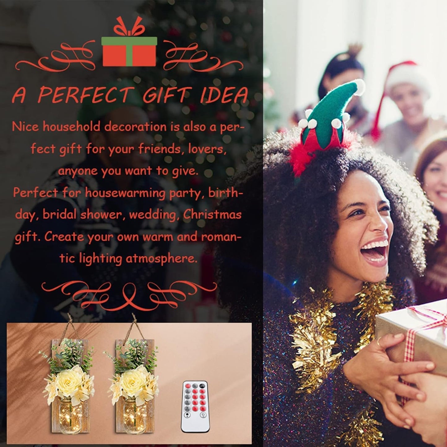 HOMKO Rustic Wall Decor, Mason Jars Wall Sconces with Remote Control Multi-Mode LED Lights, Hanging Farmhouse Decor (Set of 2) - Rustic Brown