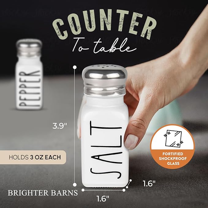 White Salt and Pepper Shakers Set by Brighter Barns - Neutral Minimalist Kitchen Decor - Modern Farmhouse Kitchen Decor - Cute Glass Shakers for Home Restaurants Weddings & Stainless Steel Lid (White)