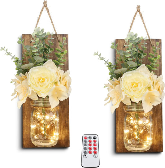 HOMKO Rustic Wall Decor, Mason Jars Wall Sconces, with Remote Control LED Lights and Flowers, Hanging Rural Farmhouse Kitchen Bathroom Bedroom Living Room Home Decor (Set of 2) -Dark Brown