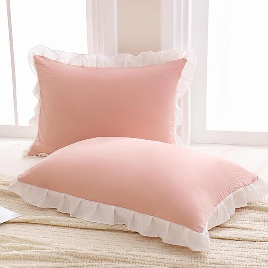 Merryword Pink Pillow Shams Pink and White Reversible Queen Pillowcases Cute Pillow Cover Set of 2 Soft Shabby Chic Ruffled Pillowcases 2 Pack (Queen (20''x30''), Pink White)