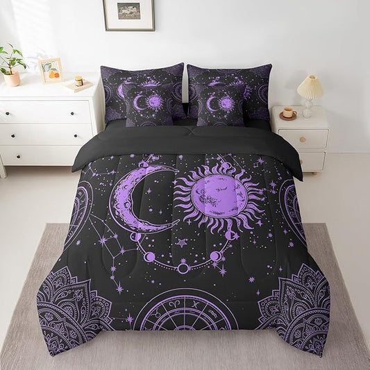 Sun and Moon 7 Piece Bedding Set, Constellation Galaxy Comforter Set Cover for Kids Boys Girls Teens Psychedelic Boho Mandala Bedding Set Celestial Puprle Black Full Size