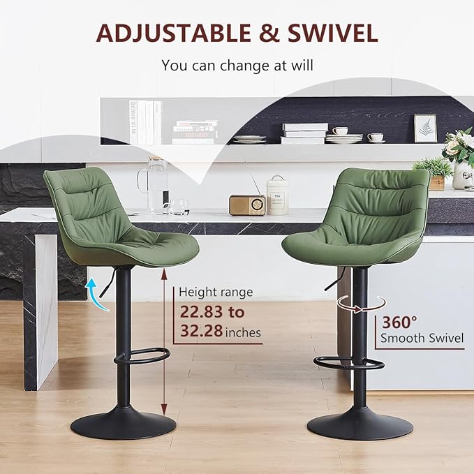 Kidol & Shellder Bar Stools Set of 2 Adjustable Swivel Green, PU Leather Upholstered with Back, Modern Counter Height Stools for Kitchen Island, Home Bar