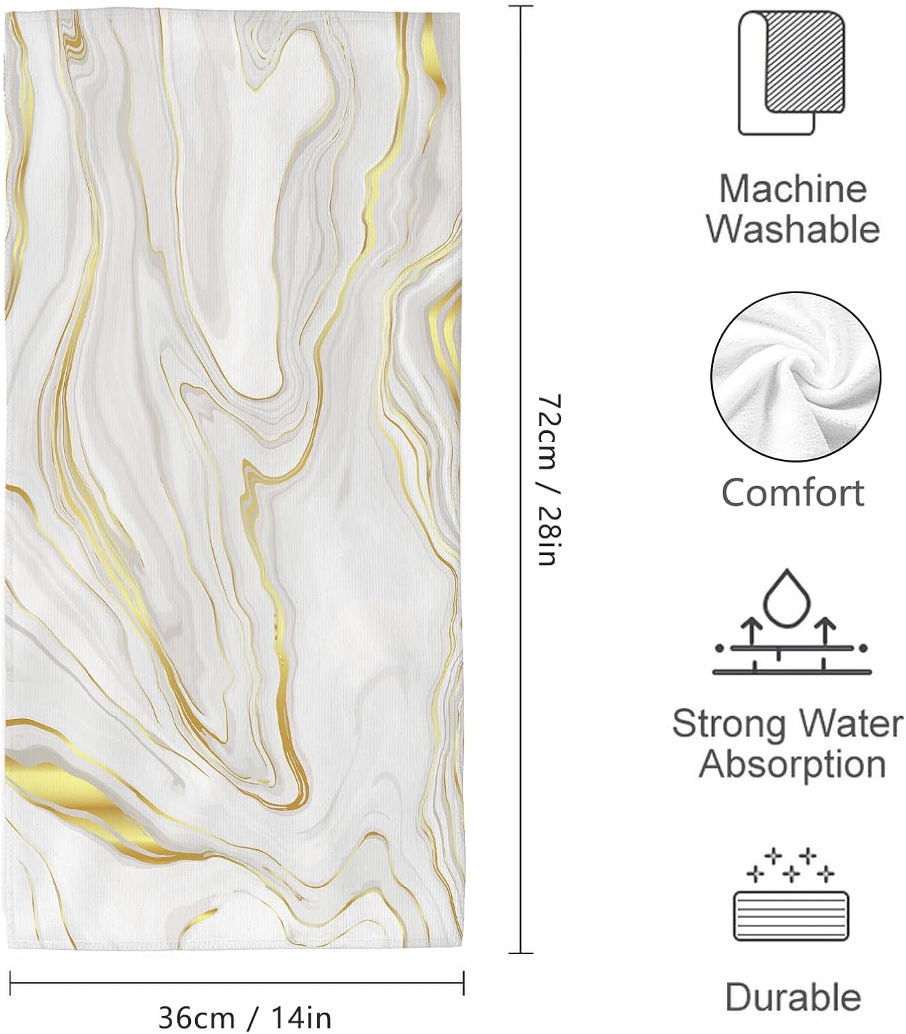 White Gold Marble Bathroom Hand Towels 2 Piece Marble Texture Decorative Bath Towels for Bathroom Yoga Swim Hotel Spa Home Decor 14x28 Inch