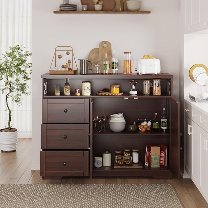 47" Dark Brown Farmhouse Storage Cabinet with Barn Doors and Drawers, Sideboard Buffet Cabinet with Storage, Kitchen Pantry Hutch, Coffee Bar Station Table for Kitchen, Living, Dining Room
