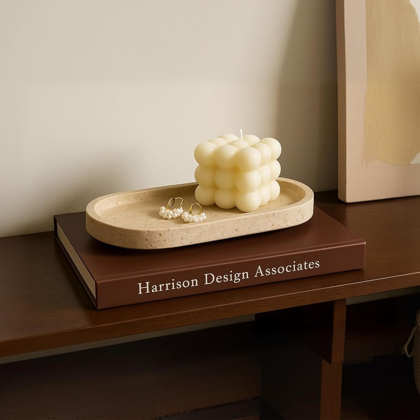 WORHE Italy Natural Travertine Stone Tray for Jewelry, Candles, Perfume, Trinket, Marble Oval Vanity Trays for Bathroom, Dresser, Kitchen, Countertop Storage Organizer for Home Decor Beige (WH028)