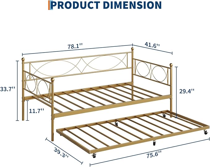 IDEALHOUSE Twin daybed with Trundle, Metal Twin Daybed and Trundle Set, Day Bed Sofa Bed Frame with Steel Slat Support, Multifunctional Daybed Frame for Bedroom (Gold Sets)