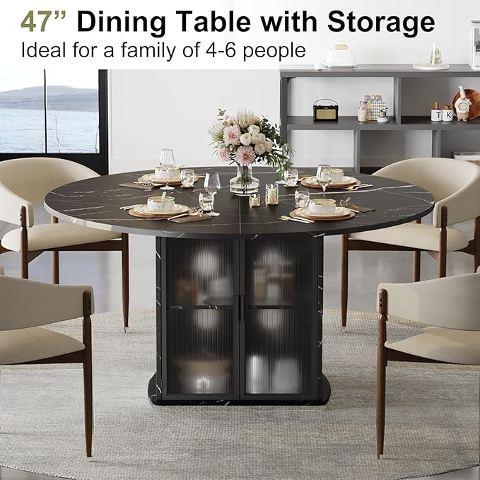 IBF Black Round Dining Table with Fridge Space, 47" Faux Marble Dining Room Table for 4-6, Modern Kitchen Tables with Storage Shelf, Circle Wood Dinner Tables for Home, Black Marble, Only Table