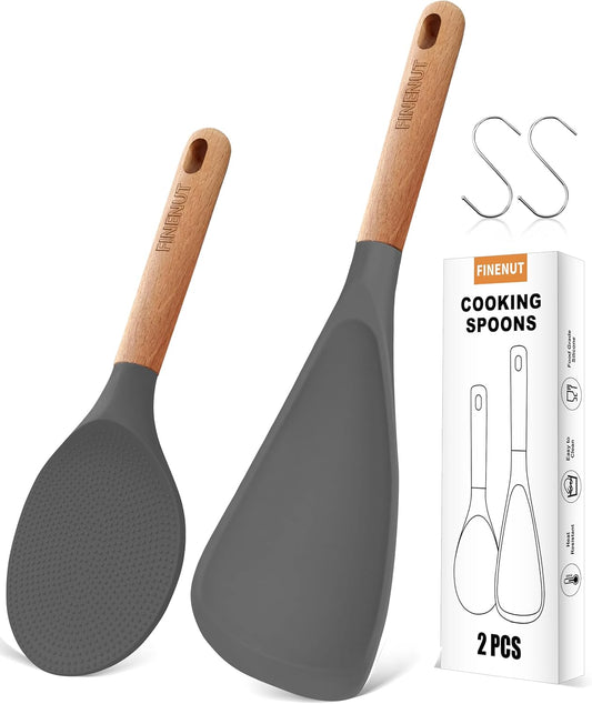 Multifunction Silicone Spatula Spoon 2-Pack Dual-Use-Heat-Resistant 446°F BPA-Free Non-Toxic Cooking for Non-Stick Cookware,Rice Cookers,Wooden Handle Scoop/Serve Meal/Rice Spoon Set (Gray)