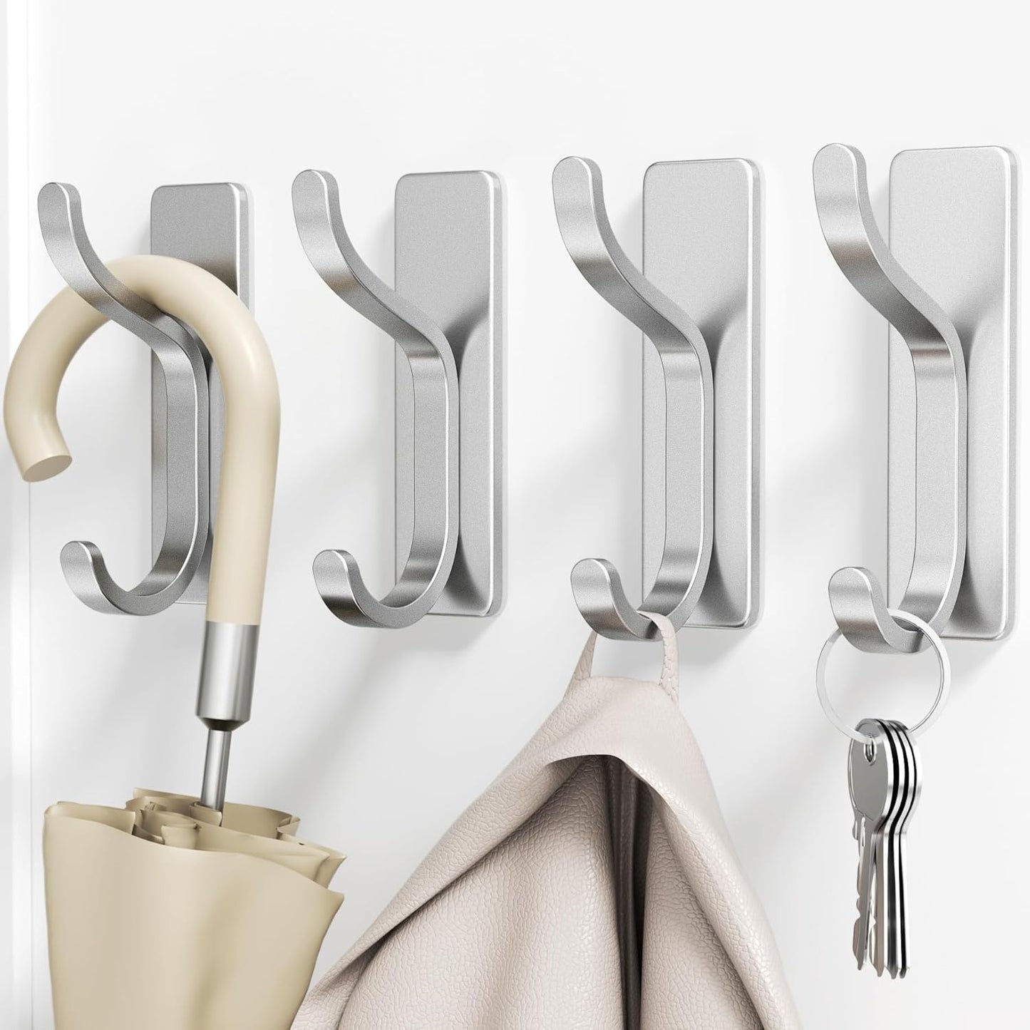 pickpiff Wall Hooks for Coat and Towel: 13LB Adhesive Door Hanger Stick on for Bathroom, Dorm, RV, Closet - Silver, 4 Pack