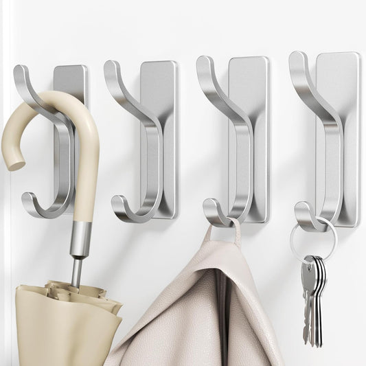 pickpiff Wall Hooks for Coat and Towel: 13LB Adhesive Door Hanger Stick on for Bathroom, Dorm, RV, Closet - Silver, 4 Pack