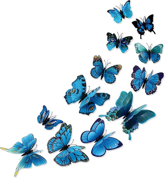 12PCS Butterfly Wall Decals Removable 3D Blue Butterflies Sticker with Magnets for Home Bedroom Kids Room Decor (Double Layer-Blue/12PCS)