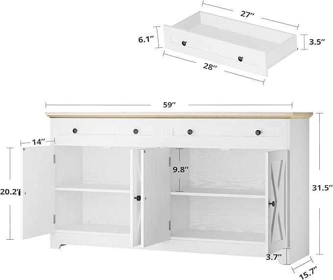 IRONCK Buffet Cabinet with Storage, Sideboard Storage Cabinet, Kitchen Cabinet with Drawers and Doors, Natural Wood