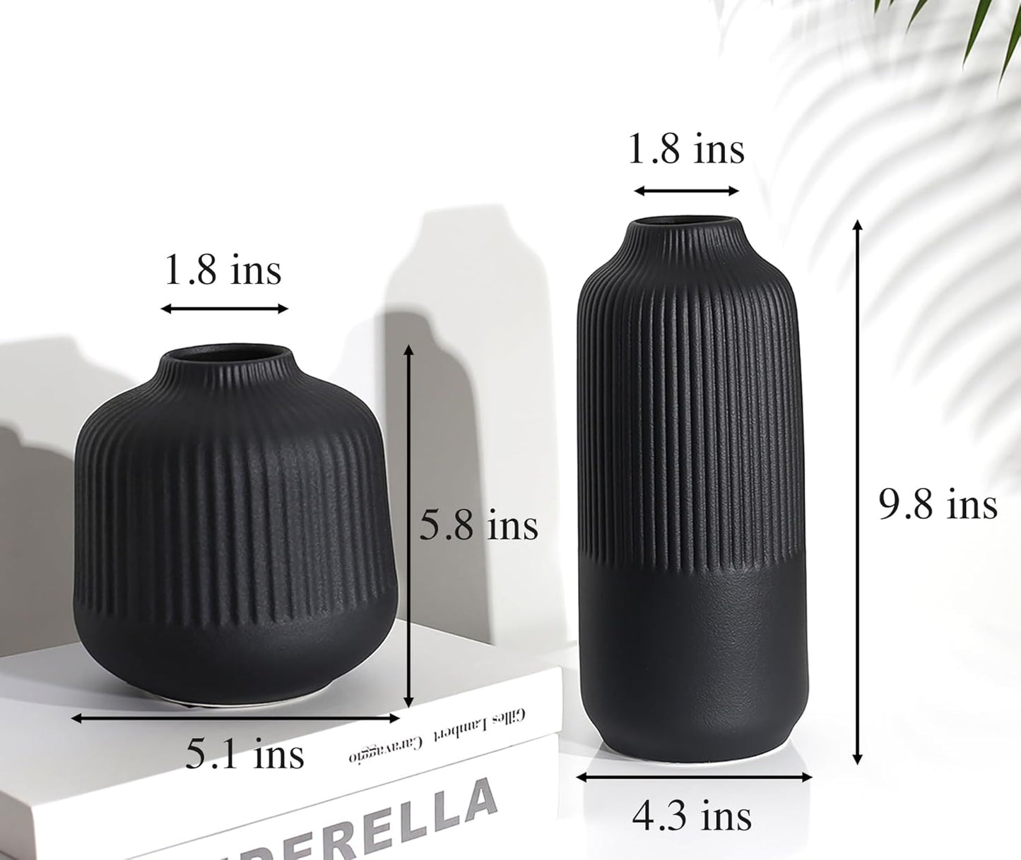 Black Ceramic Vase Set of 2, Modern Decor, Neutral Vases for Home Decor Boho Decor, Vases for Kitchen, Bedroom, Office, Living Room & Bathroom, Shelf Decor, Centerpiece Table,Mantel (Matt Black)