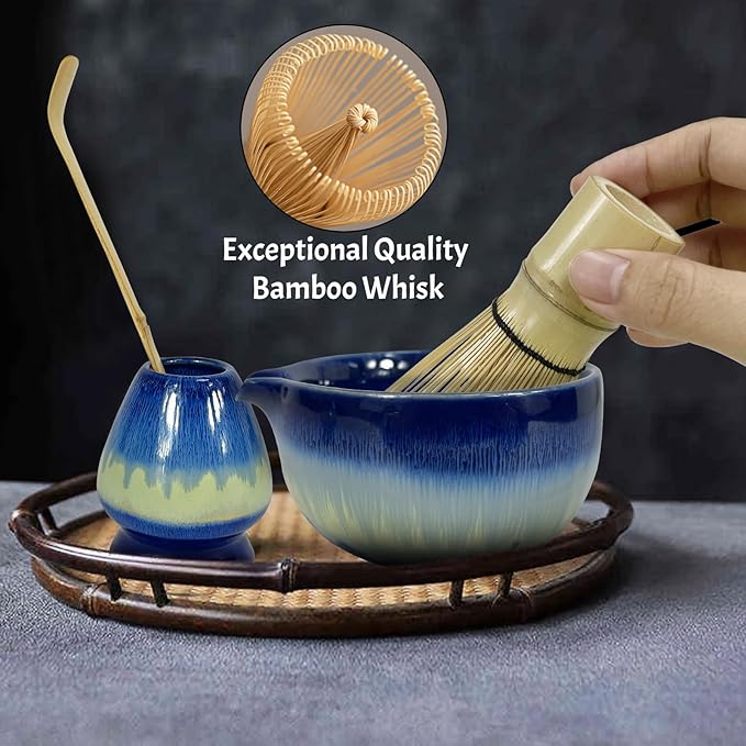 Matcha Whisk Set,6Pcs Matcha Kit Includes Matcha Whisk and Holder,Matcha Bowl with Spout,Matcha Sifter and 2Pcs Matcha Spoon,Suitable as a gift for those who like matcha (Gradient Blue)