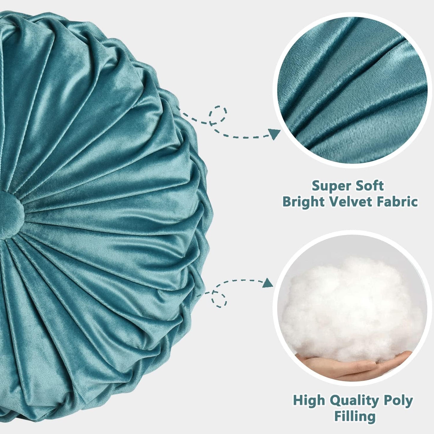 HIG Set of 2 Decorative Round Pleated Throw Pillows, Classy Accent Pumpkin Throw Pillows with Center Button, Vintage Velvet Floor Pillows for Sofa Couch Vanity Chair Bed, Teal, 14.5" Diameter(Ripple)