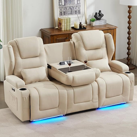 SAMERY Power Loveseat Recliner Sofa with Adjustable Split Back, Multi-Port Charger, Flip-Up Backrest & LED Lighting - Home Theater Seating with Storage, Cup Holders, Beige Fabric Loveseat Recliner