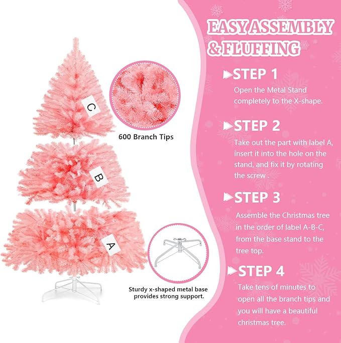 5ft Pink Artificial Christmas Tree, Arbol de Navidad with 600 Branch Tips, Fake Christmas Tree, Premium Spruce Xmas Tree with Fold-Able Metal Base Stand
