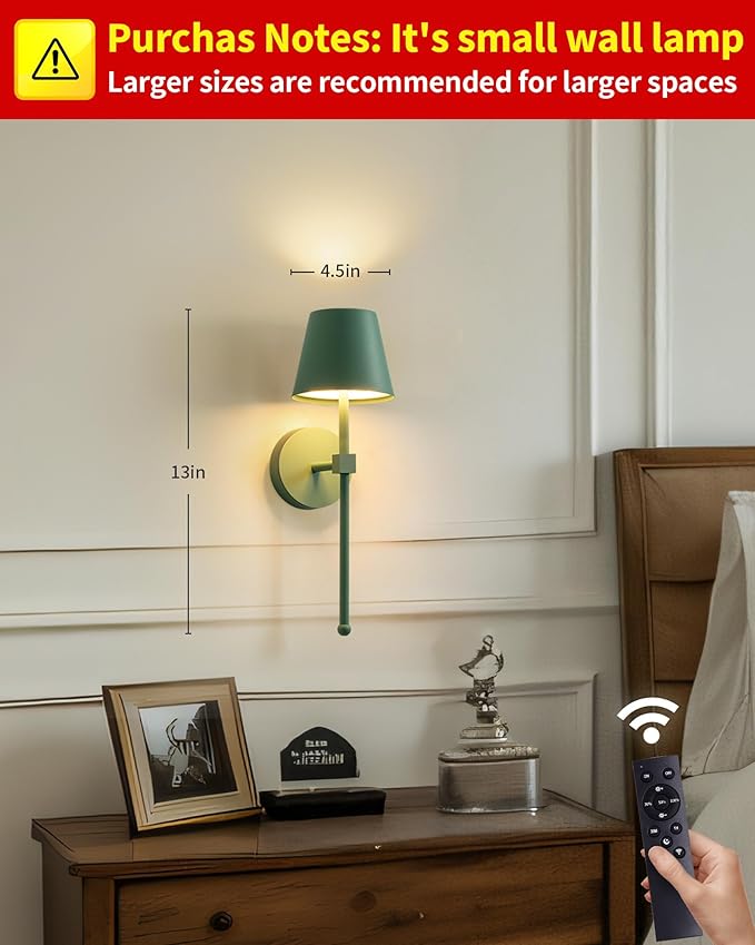 KDG Cordless Wall Sconces Set of 2, Wireless 5200mAh Rechargeable Battery LED Wall Lamps, Wall Lightings for Wall Painting, Outdoor, Garden, Living Room, Bedside, Hallway, Gifts, Night Light (Green)