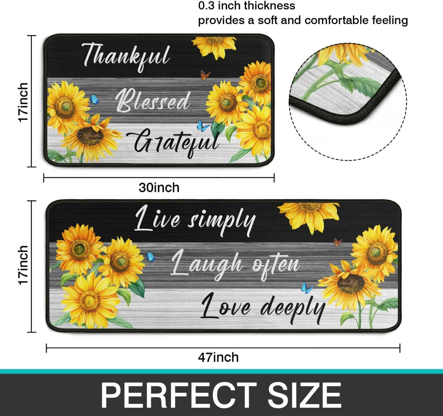2 Piece Sunflower Kitchen Decor Rugs Set, Farmhouse Country Kitchen Rugs and Mats Non Skid Washable Absorbent Microfiber Kitchen Accessories Decoration Floor Mats 17"x47"+17"x30"