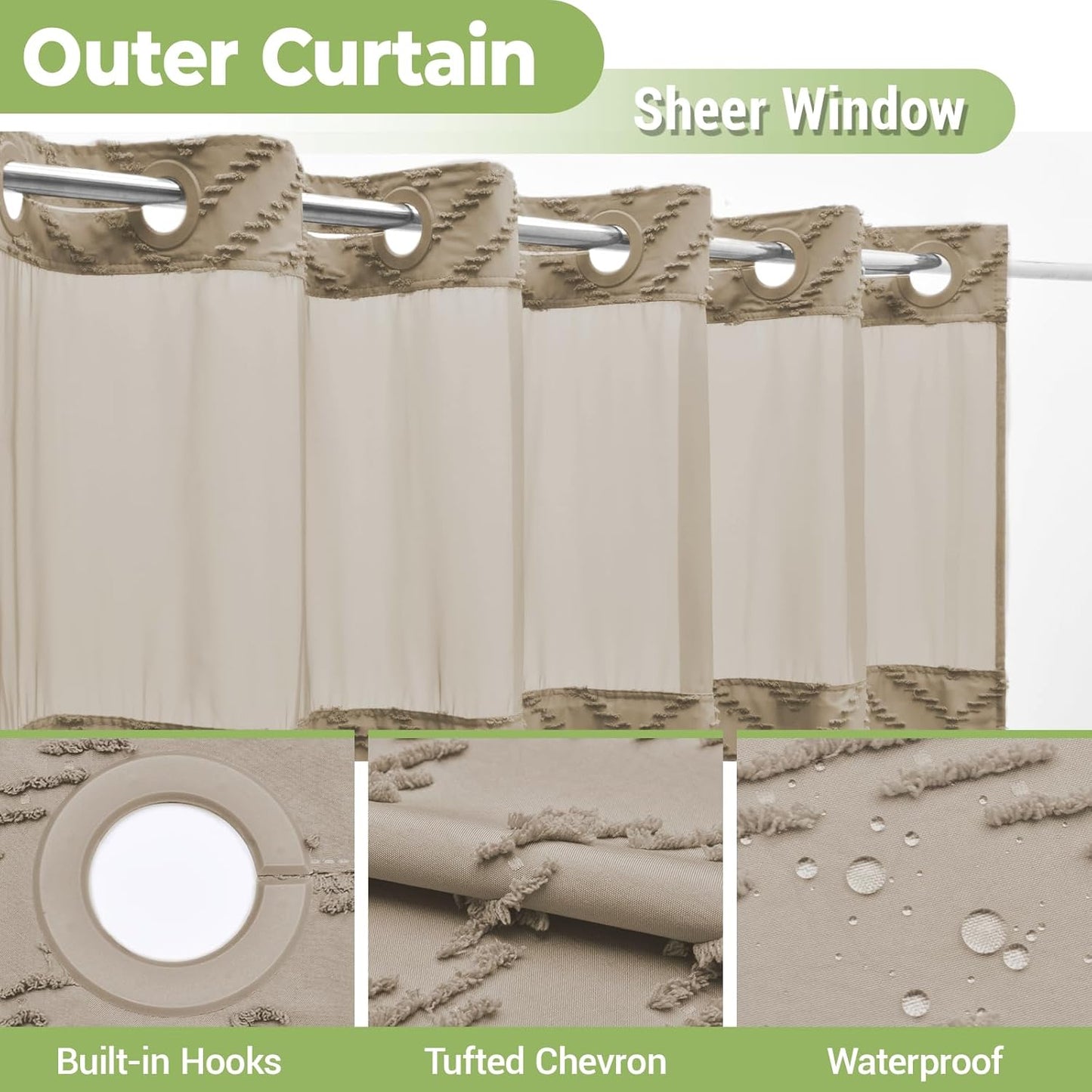 No Hook Shower Curtain with Snap in Liner, Tufted Chevron Striped Shower Curtain Set for Bathroom, Boho Waterproof and Washable Shower Curtains, 71Wx74H, Beige