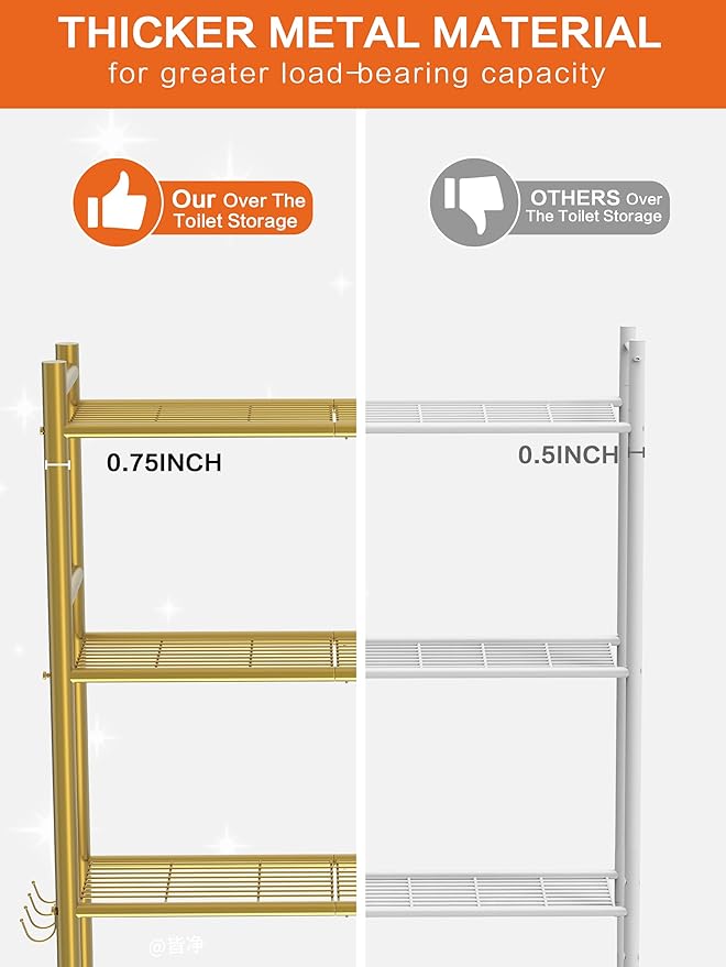 3 Tier Over The Toilet Storage Rack with 2 Basket, Metal Freestanding Bathroom Shelves Toilet with Paper Holder and 4 Hooks, Over Toilet Storage Shelf for Bathroom Storage, Glod