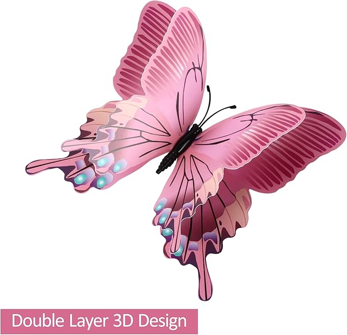 12PCS Butterfly Wall Decals Removable 3D Pink Butterflies Sticker with Magnets for Home Bedroom Kids Room Decor (Double Layer-Pink/12PCS)