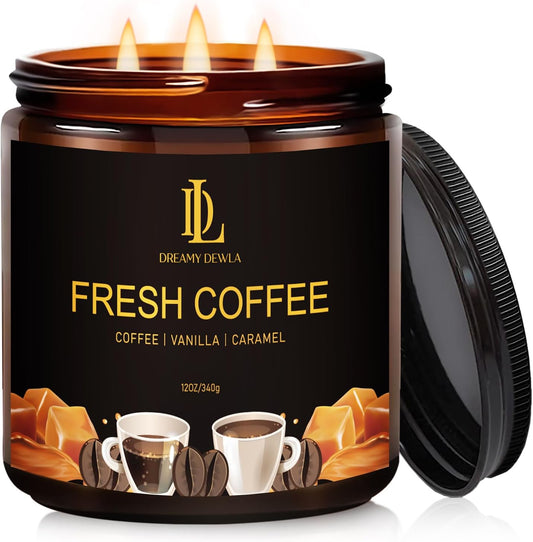 Fresh Coffee Scented Candle, 12oz 60 Hour Long Lasting Candles, Large 3 Wick Natural Soy Candles for Home Scented, Candle Gifts for Women Men
