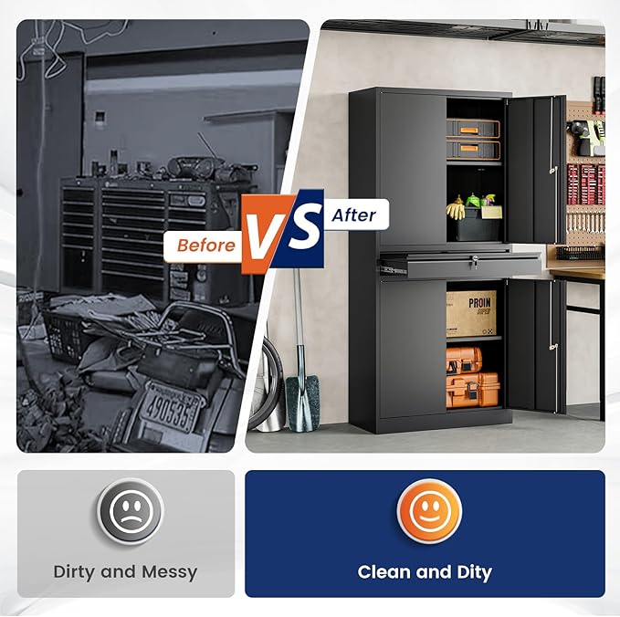 Yizosh Metal Garage Storage Cabinet with Locking Doors and Adjustable Shelves, 71" Tool Storage Cabinet with 1 Drawer for Garage,Warehouse (Black)