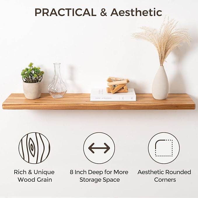 36" Rustic Elm Wood Floating Shelves, 8 Inch Deep Wall Shelves for Home Decor, Wall Mounted Floating Shelf with Invisible Bracket, Heavy-Duty Storage & Display Shelf for Living Room, Kitchen, Set of 2