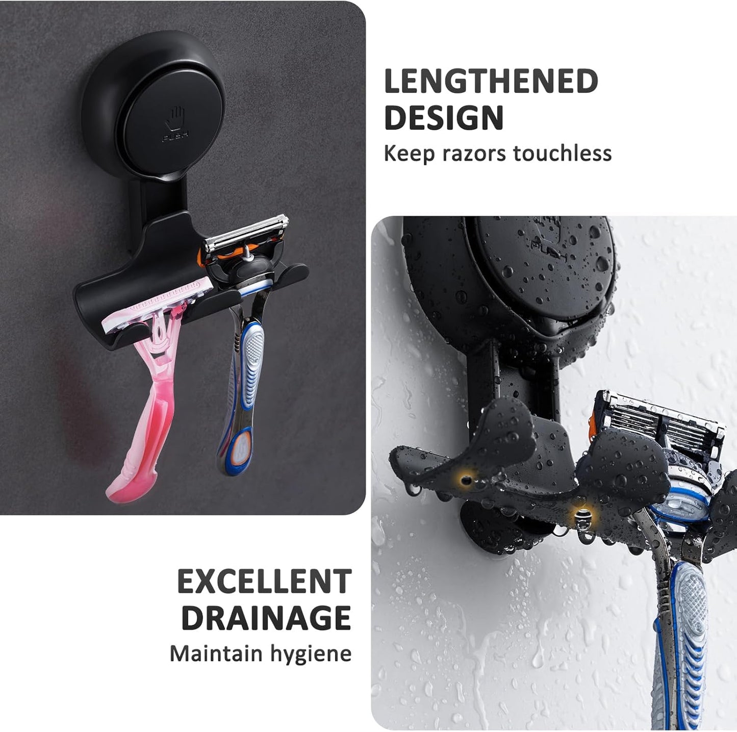 LEVERLOC Razor Holder for Shower 2 Pack, Powerful Vacuum Suction Cup Hook for Towel, Loofah, Razor, Squeegee, Damage-Free Wall Shower Hook, Shaver Holder for Bathroom, Easy to Install and Reuse, Black