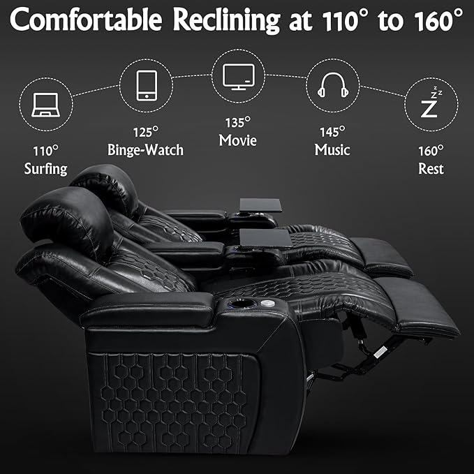 Home Theater Seating, Living Room, Powered Headrest, Powered Lumbar, Italian Leather, Powered Recline, Single Recliner (Black, Row of 2)