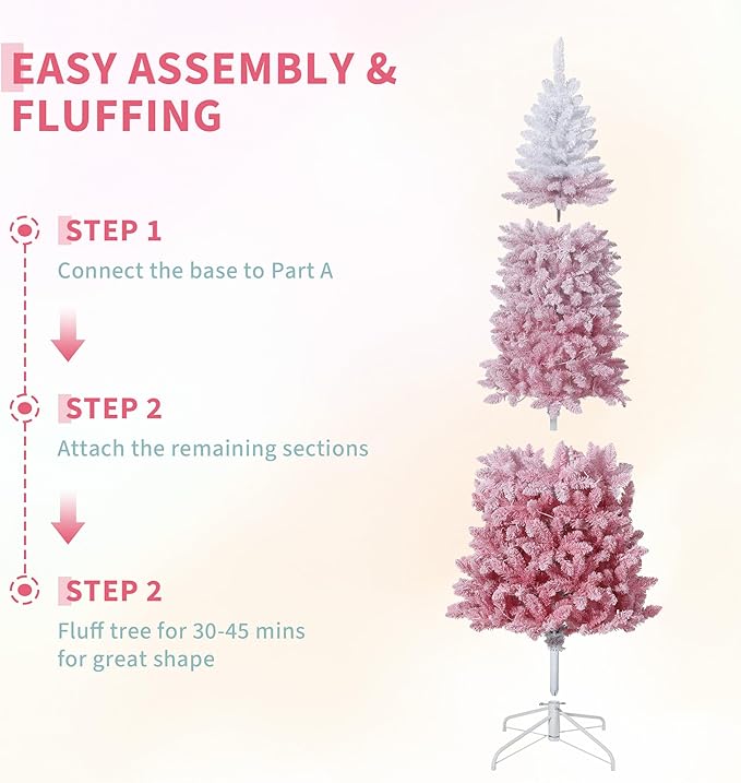 GarveeHome 4.5ft Snow Flocked Pencil Christmas Tree, Slim Artificial Christmas Tree with Sturdy Metal Stand, Skinny Xmas Tree Holiday Decoration for Home, Office, Pink Gradient