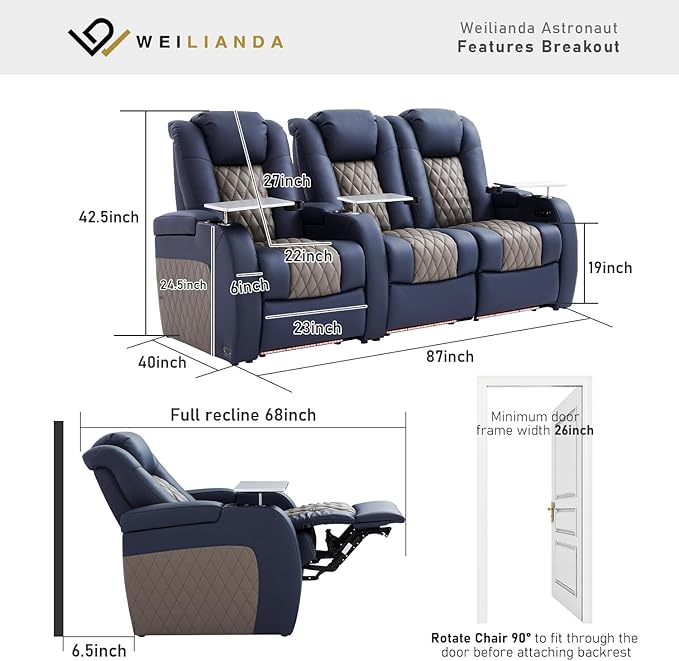 Home Theater Seating, Top Grain Leather Movie Seats Recliner Chair, Zero Gravity Reclining Gaming Sofa with Power Headrest 7 Colors Ambient Lighting 3 Seats Loveseat Right Blue Grey