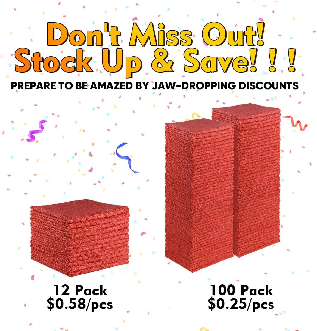 HOMEXCEL Red Shop Towels 100 Pack, Reusable Microfiber Cleaning Cloth Bulk, Multipurpose Microfiber Towels for Car, House and Kitchen, Highly Absorbent Cleaning Rags 11.5 x 11.5 inch