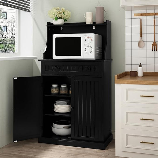 54" Kitchen Microwave Cabinet/Stand with Storage and Drawers, Pantry Storage Cabinet with Hutch & Adjustable Shelves for Kitchen, Dining Room, Living Room, Hallway in Black