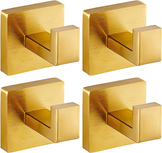 Brushed Gold Towel Hooks for Bathrooms, Heavy Duty Wall Mounted Stainless Steel Modern Hook, 4 Pack – Ideal for Hanging Towels, Robes, Coats, in Kitchen, Bedroom, Bathroom, or Hotel