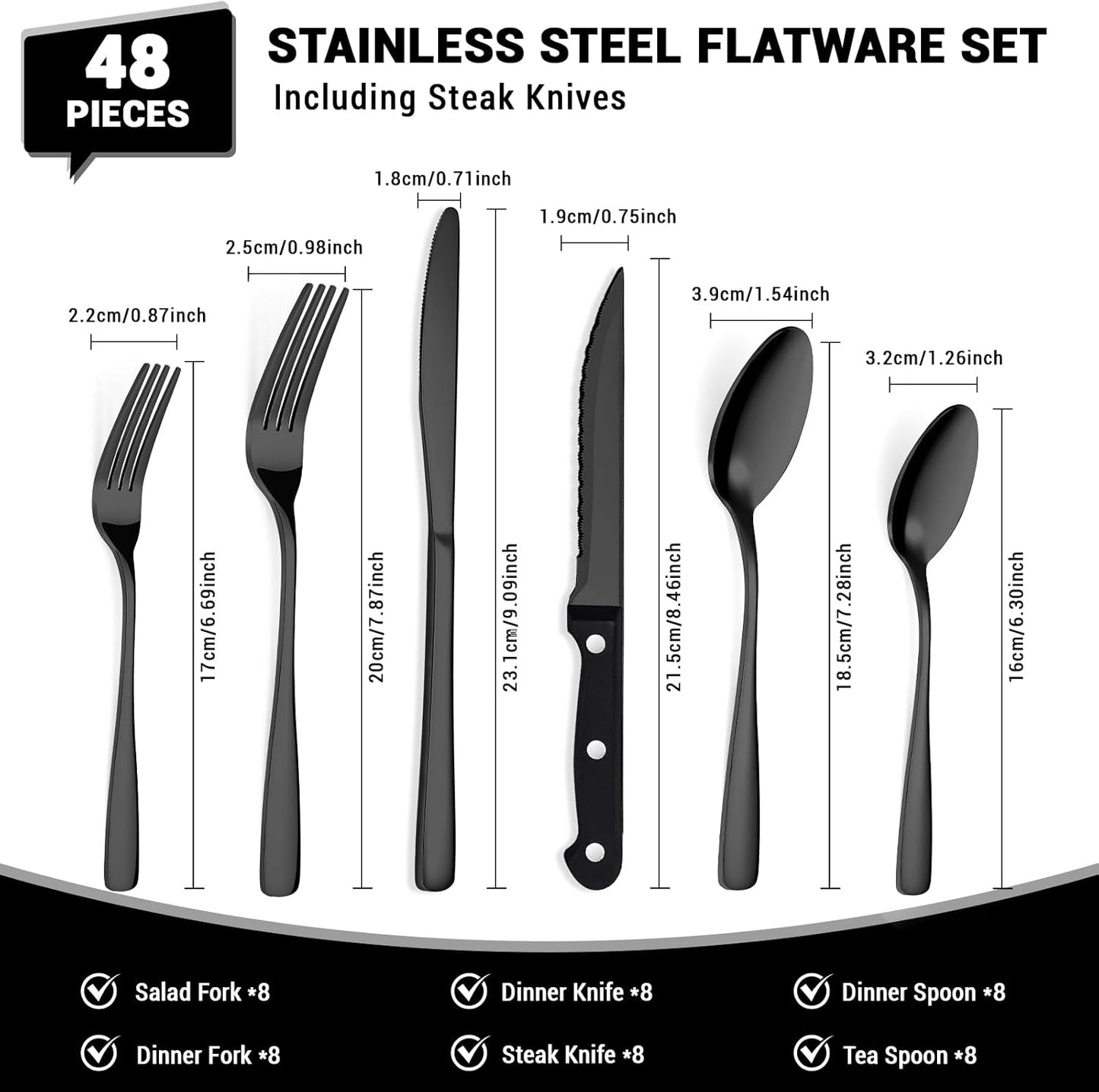 BEWOS 48-Pieces Black Silverware Set for 8 - Stainless Steel Flatware Set with Mirror Polish, Black Silverware Set Including Steak Knives, Forks and Spoons, Dishwasher Safe for Restaurant