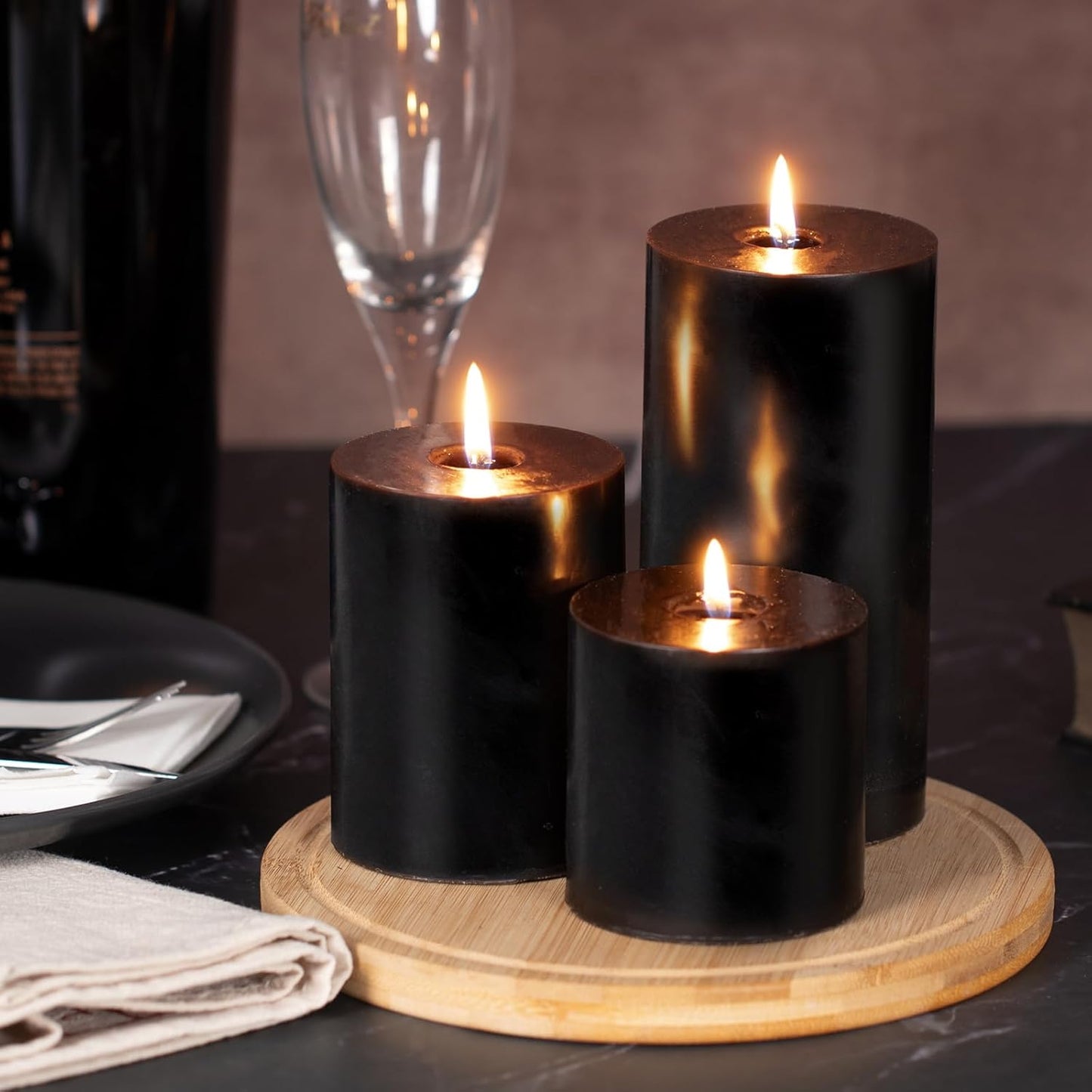 KONNI Black Pillar Candles Set of 3, 3"x 4" Unscented Pillar Candles Bulk, 39 Hours Long Burning Candles, Smokeless&Dripless Large Round Candle for Wedding, Home Decoration, Parties, Spas, Dinner