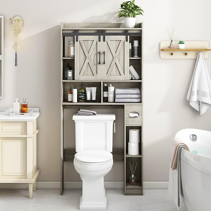 Over The Toilet Storage Cabinet, Farmhouse Storage Cabinet Over Toilet with Sliding Door& Toilet Paper Holder Stand，Home Space-Saving Toilet Rack, for Bathroom, Restroom, Laundry