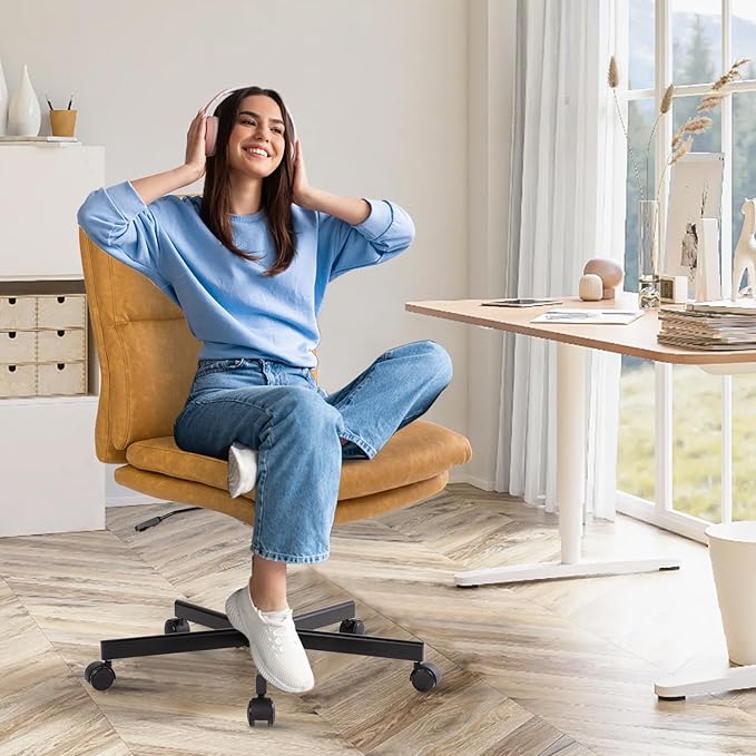 LUCKWIND Armless Office Desk Chair with Wheels, Double Padded PU-Leather Chairs, Mid-Back Criss Cross Swivel Task Chair, Height Adjustable Cushioned Vanity Chair for Home, Office & Bedroom (Yellow)