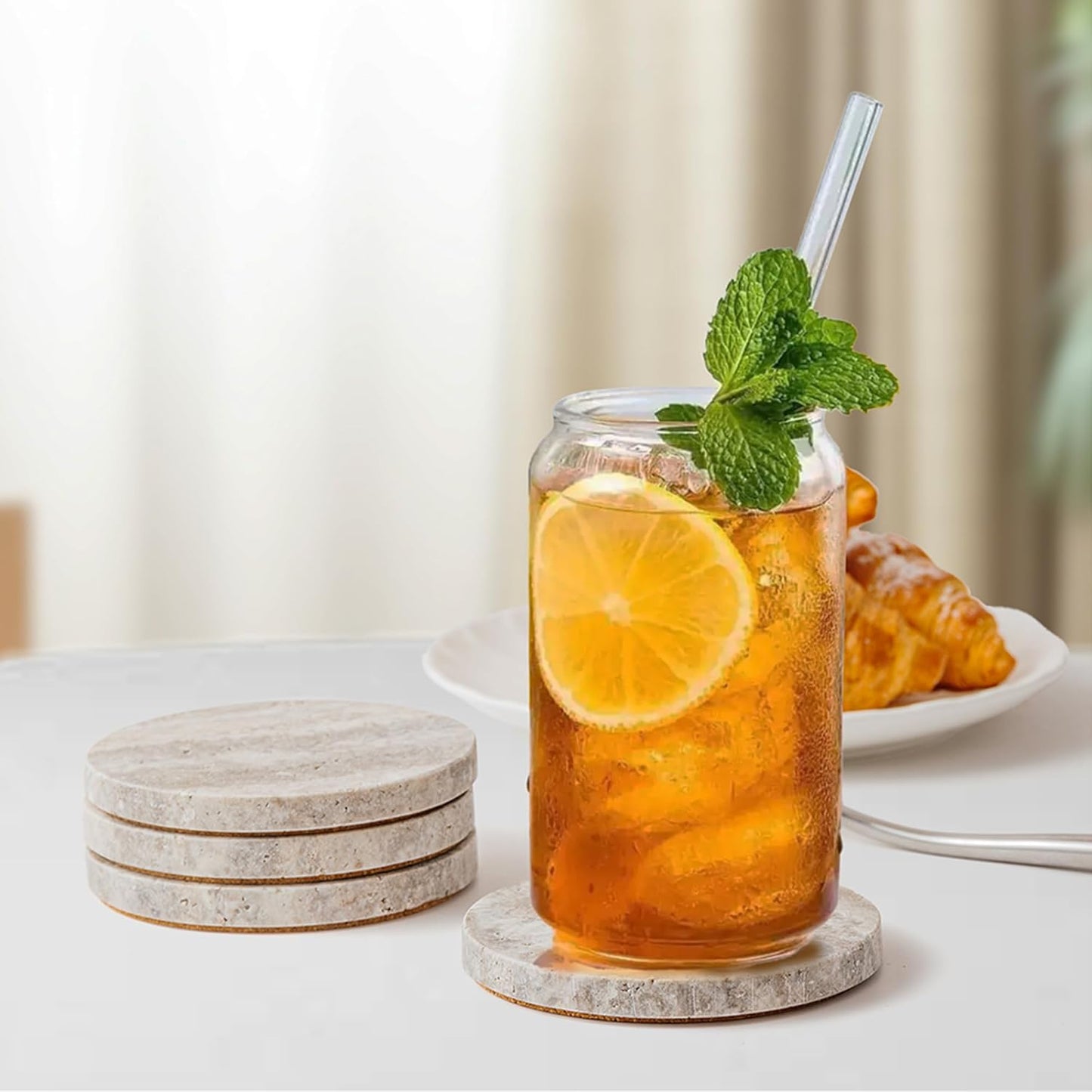 WORHE Marble Coaster for Drinks 4" Diameter Set of 4 Round Travertine Coasters for Home Decor Office Parties Birthday Housewarming Gift, Protect Countertops from Dirty,Sturdy and Tough Gray (WH056)