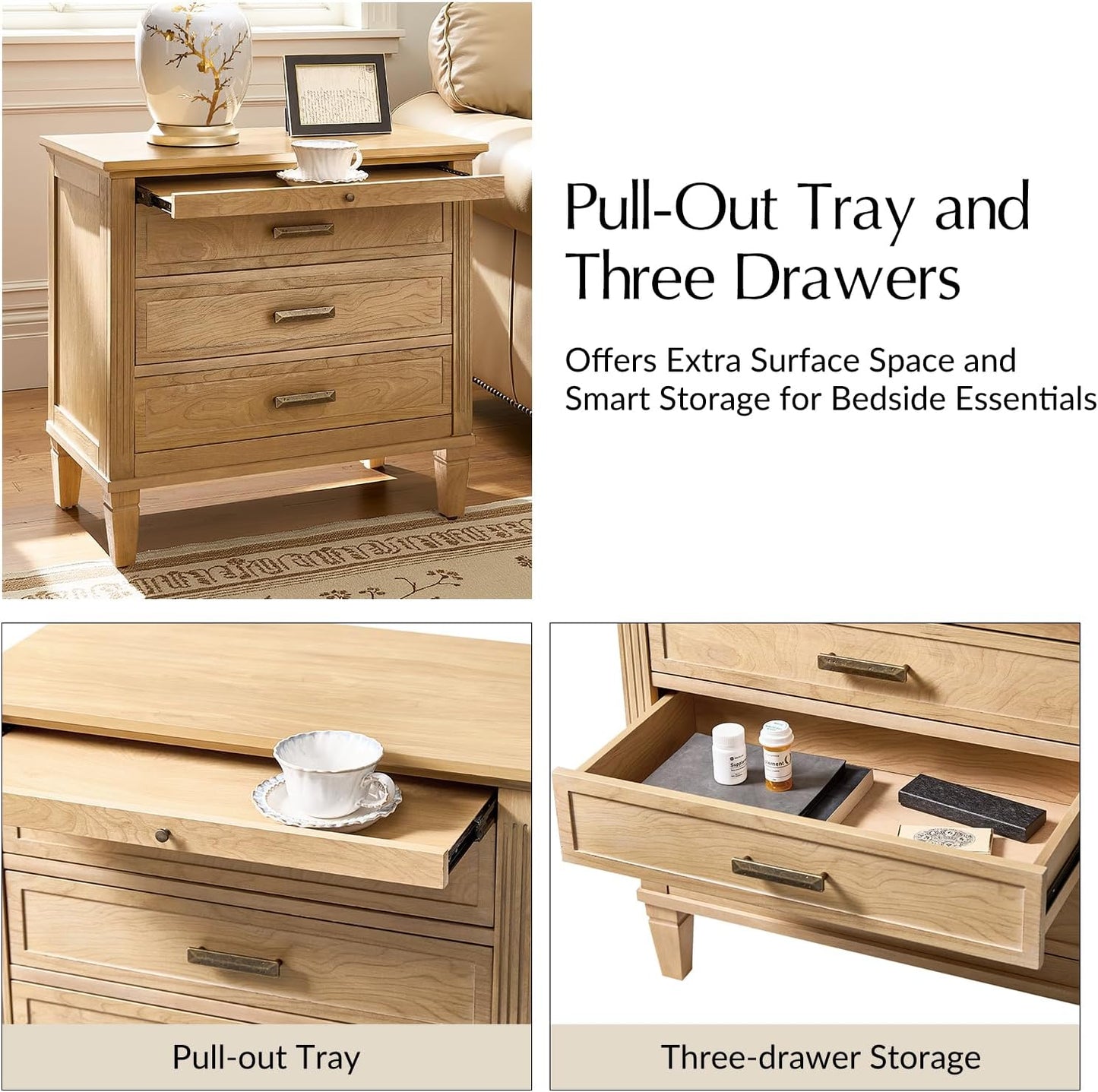 HULALA HOME Farmhouse Nightstand with Charging Station, Pull-Out Tray, 3 Drawers Nightstand with Solid Wood Legs, Wood Veneer Bedside Table with Open Shelf, Natural