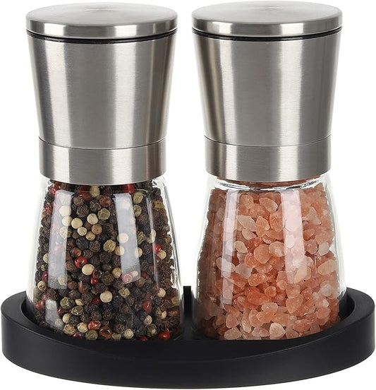 VEVOK CHEF Salt and Pepper Grinder Set Stainless Steel Adjustable Coarseness Ceramic Pepper Mill Salt Crusher with Silicone Tray Salt and Pepper Shaker Spice Grinder Kitchen