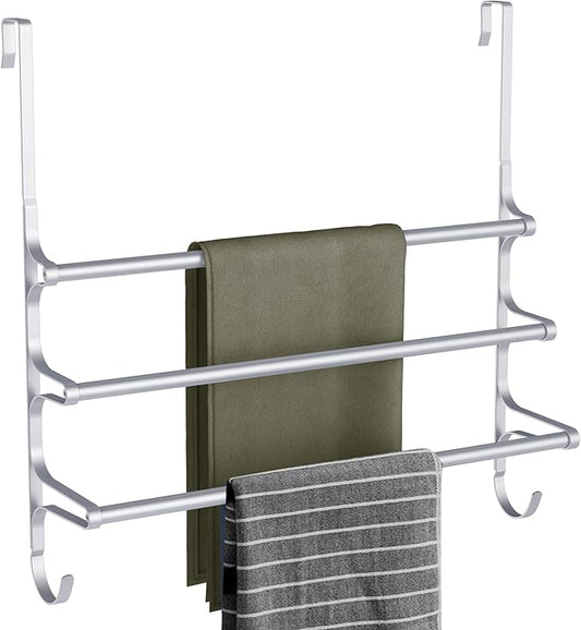 Over The Door Towel Rack, Over Door Towel Rack for Bathroom Door, Triple Towel Storage Holder with Hooks (Silver Gray, 20.15" L)