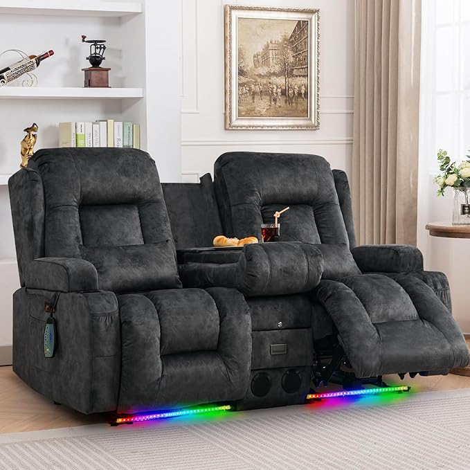 IPKIG 67" Power Reclining Loveseat Sofa, Electric Home Theater Seating with Console/4 Colors Ambient Lighting/Bluetooth Speakers/USB Ports/Built-in Outlets (Grey, Loveseat Recliner)