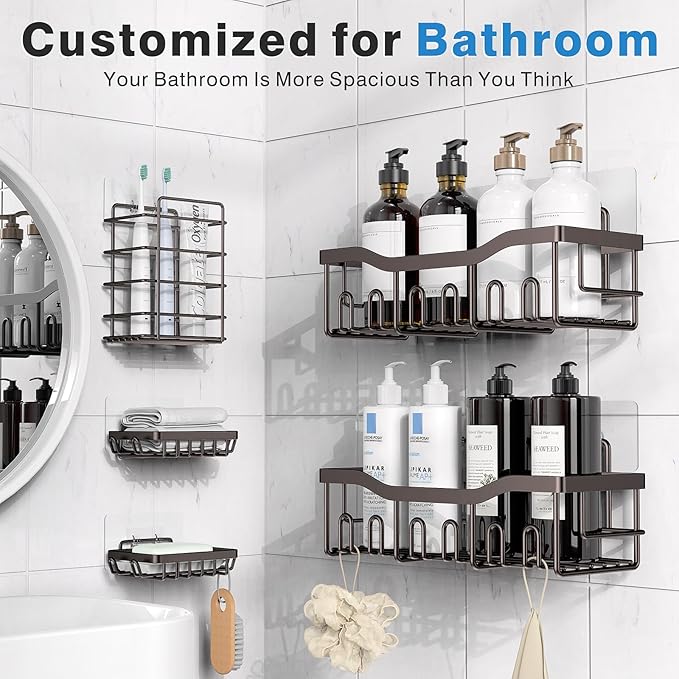 5-Pack Rustproof Stainless Steel Shower Caddy Set– No Drill Adhesive Bathroom Organizer, Space-Saving Shower Shelves for Apartment Essentials, Bathroom/Kitchen Storage Home Decor-L Size